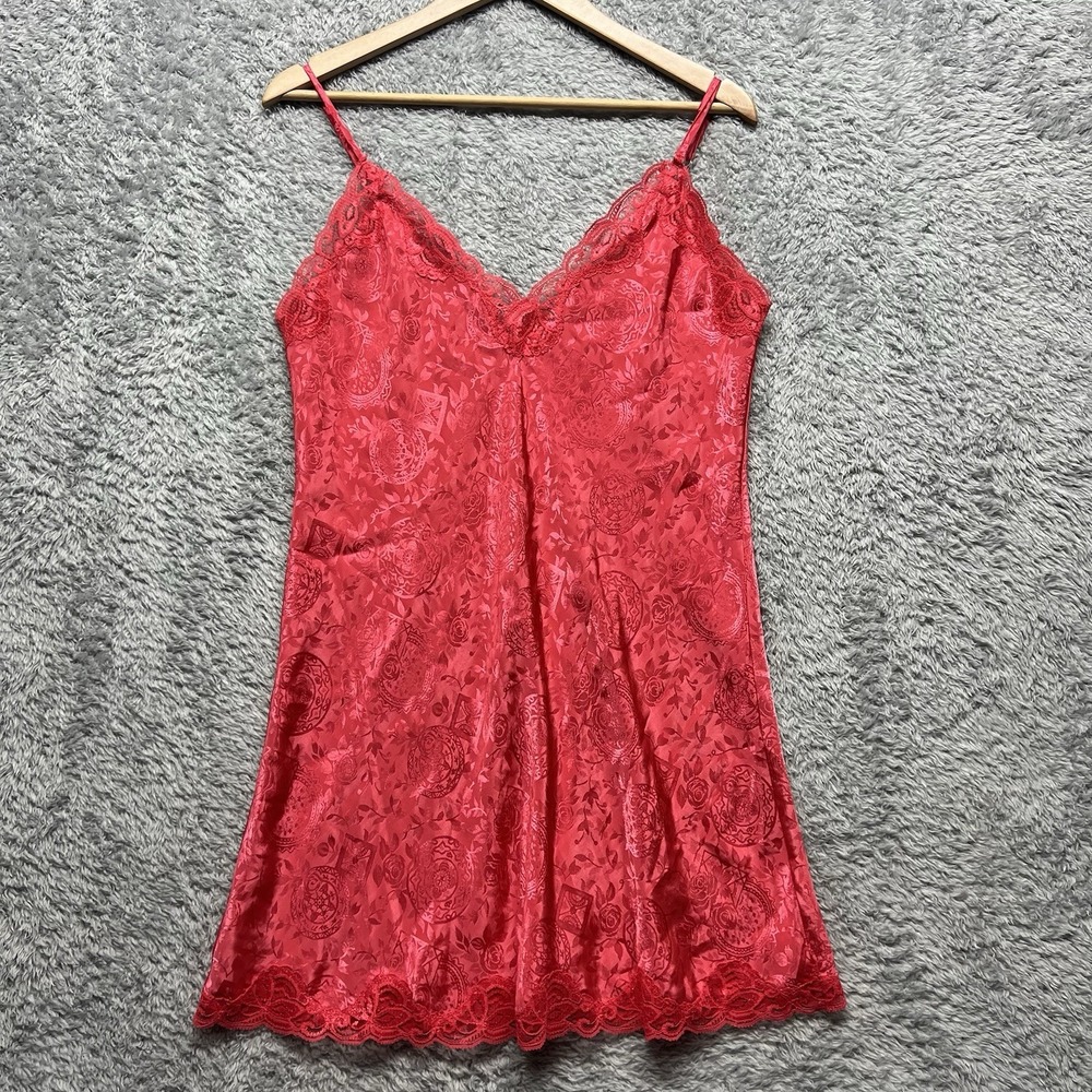Victoria Secrets Nightie Red Floral Lace Chemise Scallop Hem Vintage Romantic - Picture 5 of 9